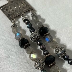 Moon Stone Pearl Black Quartz Sterling Silver Beaded Multistrand Bracelet